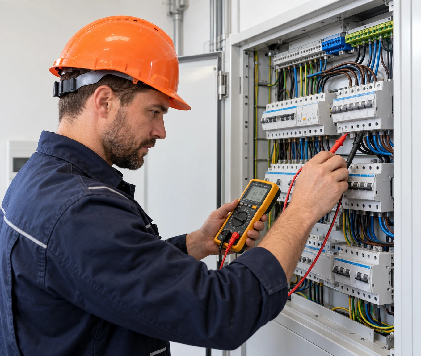 Fotorealistisches KI-Symbolbild: Elektriker prüft einen Sicherungsautomaten im Verteiler mit einem Messgerät